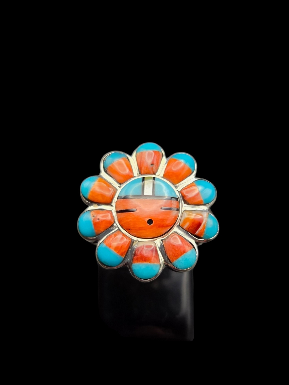 Handcrafted Turquoise and Orange Flower Kachina Statement Ring 7.75